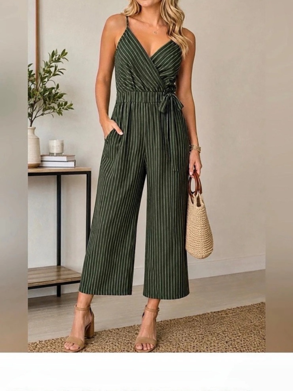 Kaileigh size small Knit Crop Jumpsuit Striped Wide Leg Jumpsuit Green